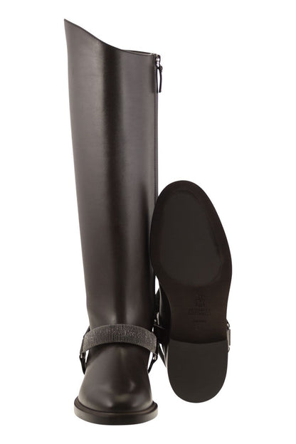 Mat Calf Boots with Precious Ribbed Strap