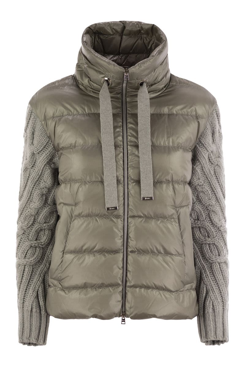 Pearl grey down jacket with wool sleeves