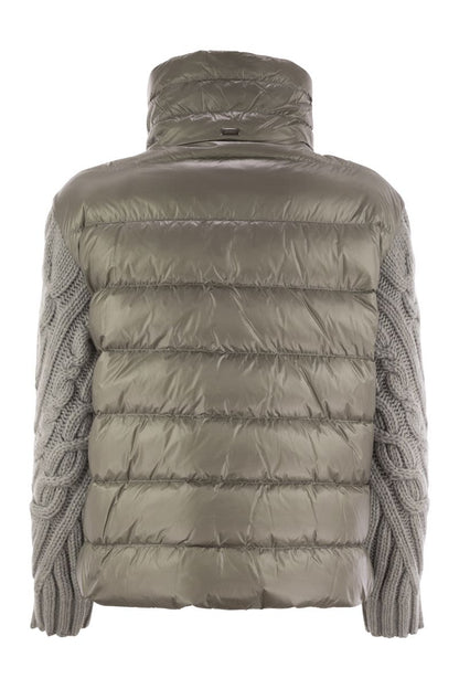 Pearl grey down jacket with wool sleeves