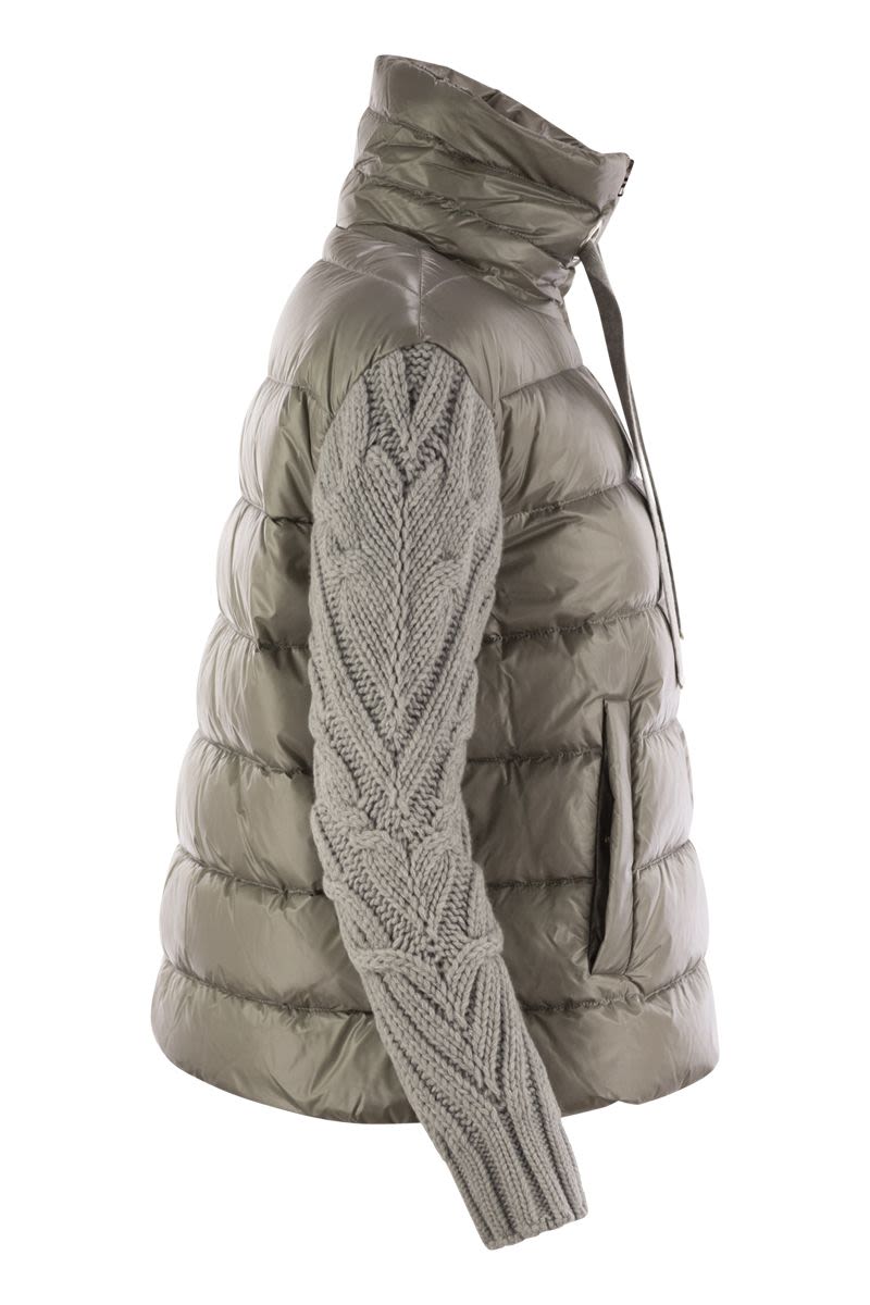 Pearl grey down jacket with wool sleeves