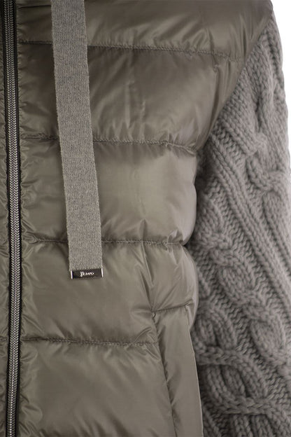 Pearl grey down jacket with wool sleeves