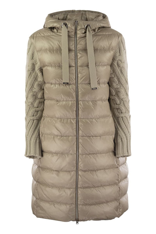 Long down jacket with wool sleeves