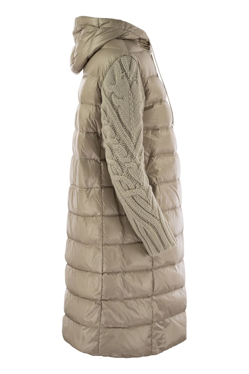 Long down jacket with wool sleeves