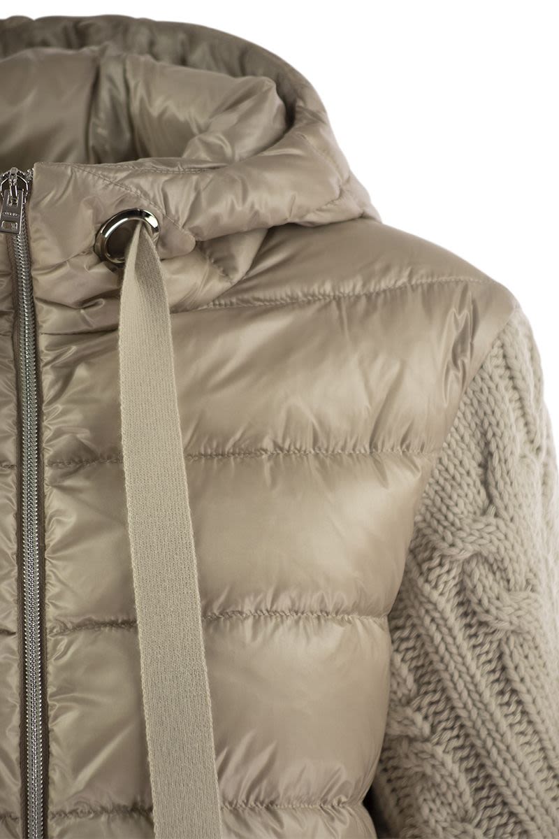 Long down jacket with wool sleeves