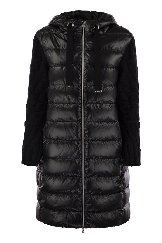 Long down jacket with wool sleeves