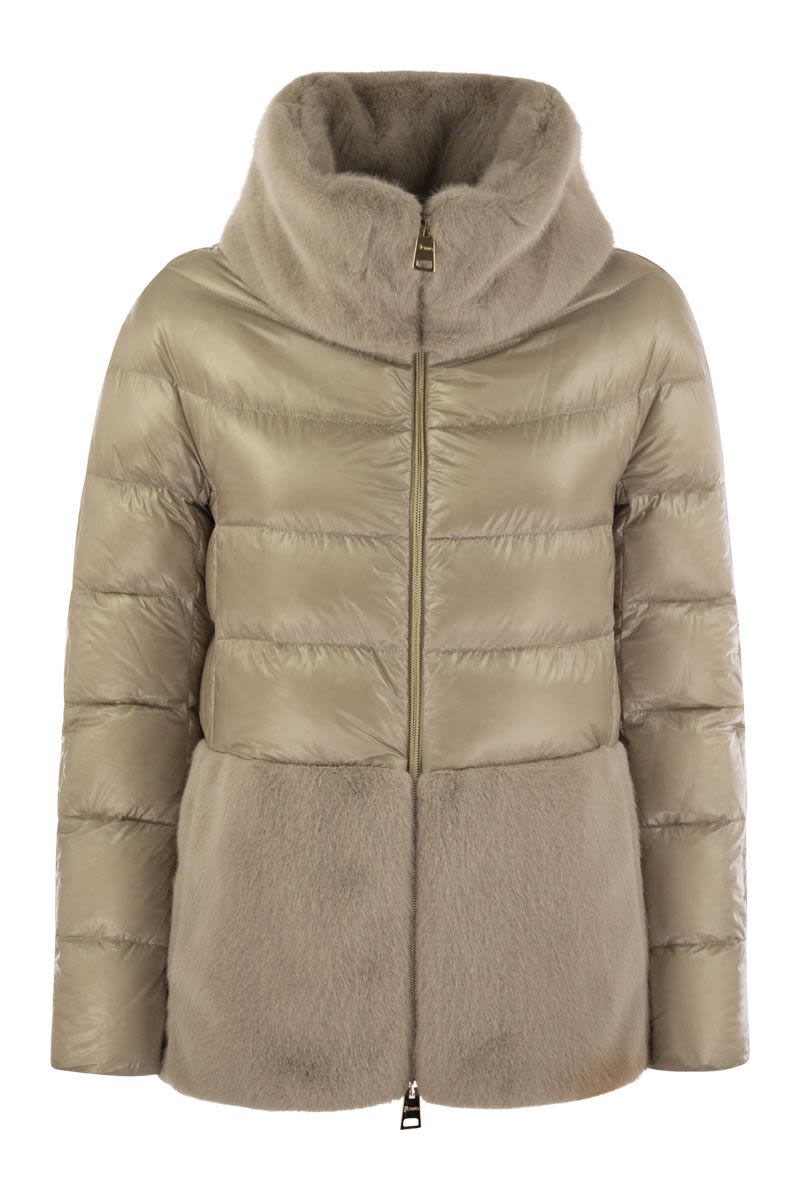 Down jacket with cruelty-free fur details