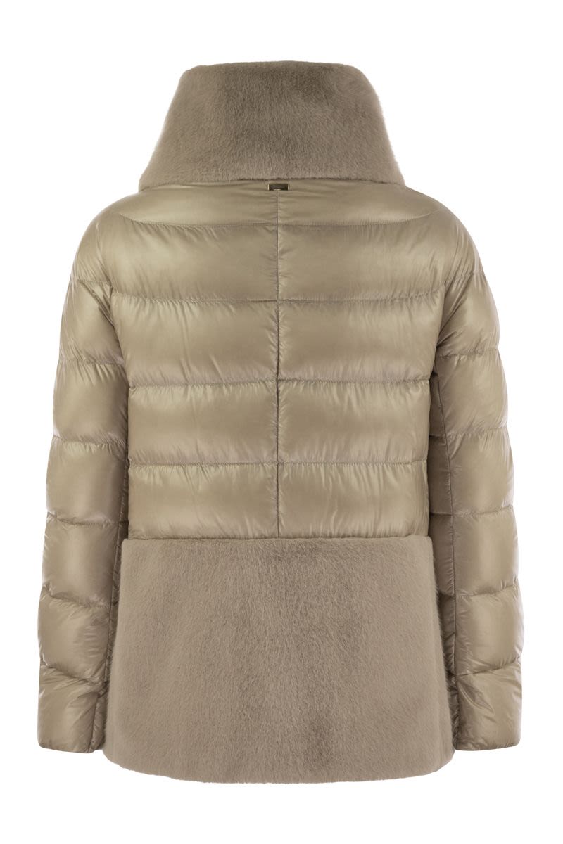 Down jacket with cruelty-free fur details