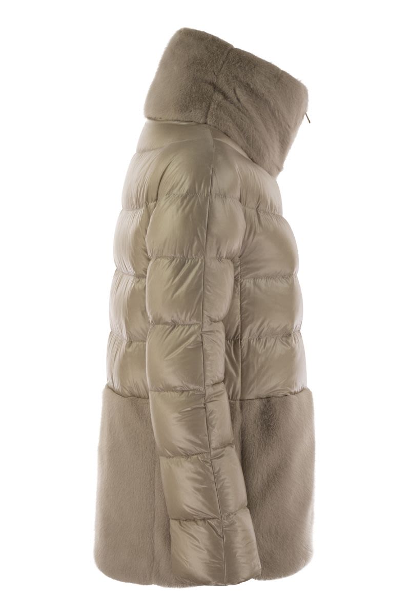 Down jacket with cruelty-free fur details