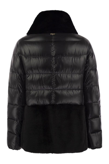 Down jacket with cruelty-free fur details