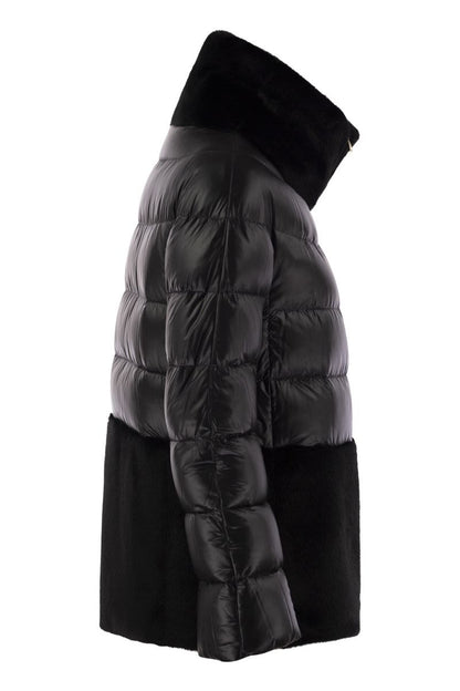 Down jacket with cruelty-free fur details