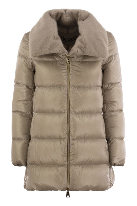 Down jacket with cruelty-free fur details