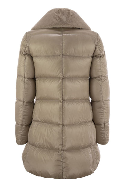 Down jacket with cruelty-free fur details