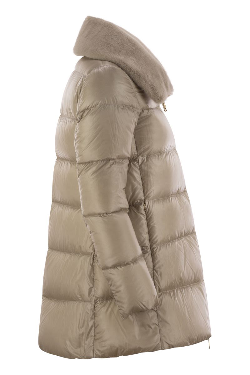 Down jacket with cruelty-free fur details