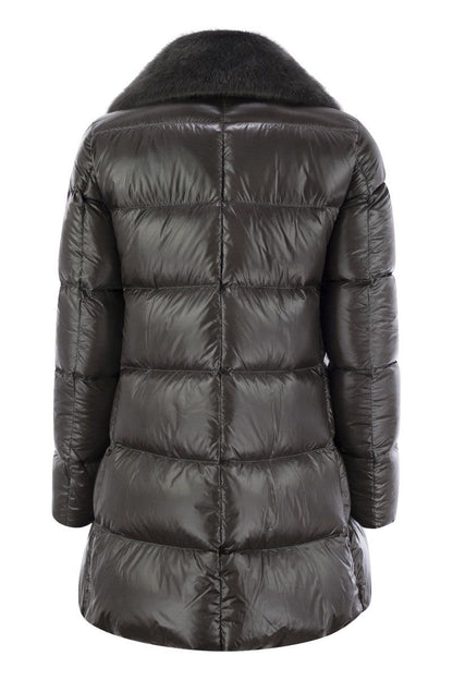 Down jacket with cruelty-free fur details