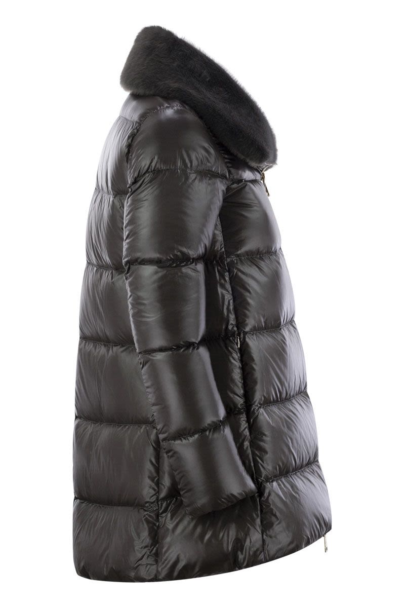 Down jacket with cruelty-free fur details