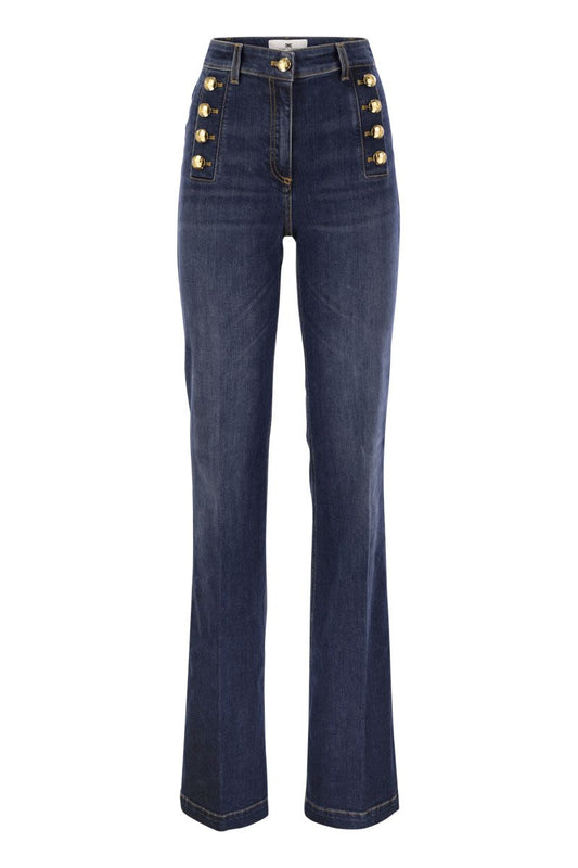 Stretch cotton flared jeans with side button fastening