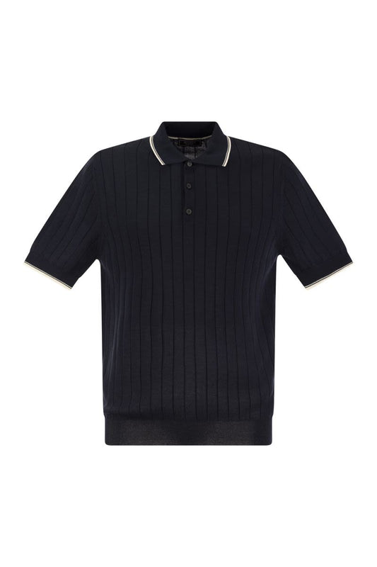 Polo shirt in pure cotton crepe yarn with flat rib