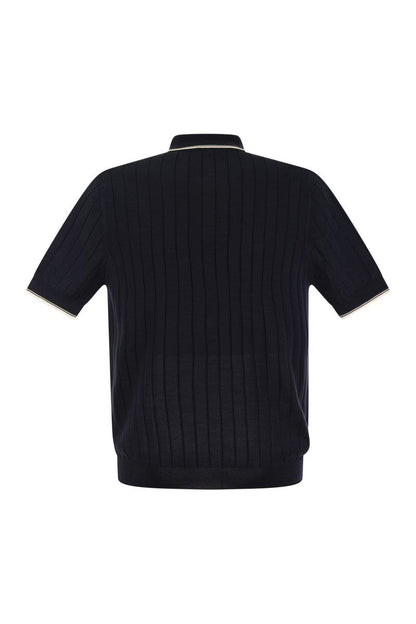 Polo shirt in pure cotton crepe yarn with flat rib