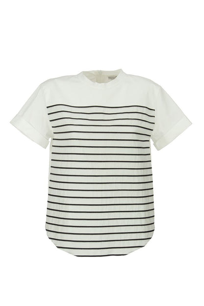 Stretch cotton poplin T-shirt with shiny stripes - VOGUERINI