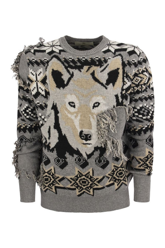 Jacquard jumper inlaid with wolf - VOGUERINI