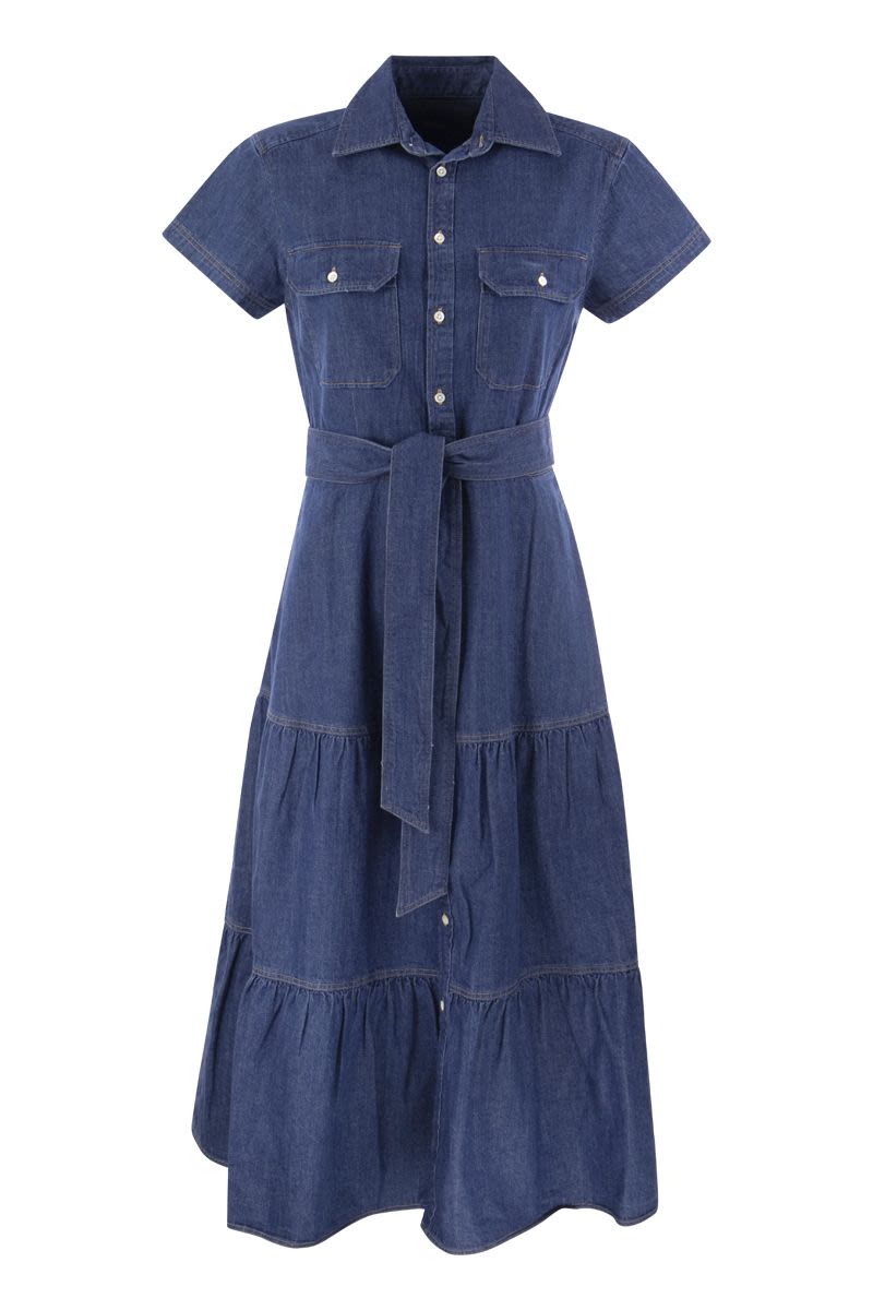 Flounced denim chemisier with belt - VOGUERINI