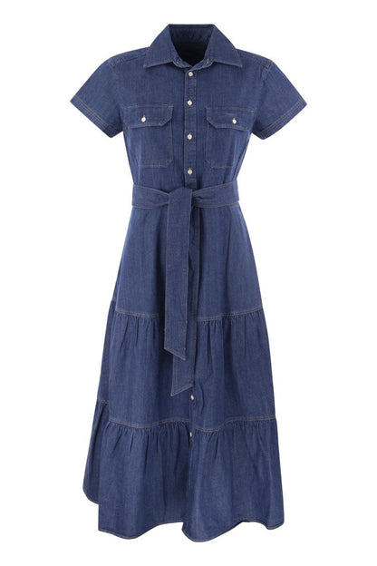 Flounced denim chemisier with belt - VOGUERINI