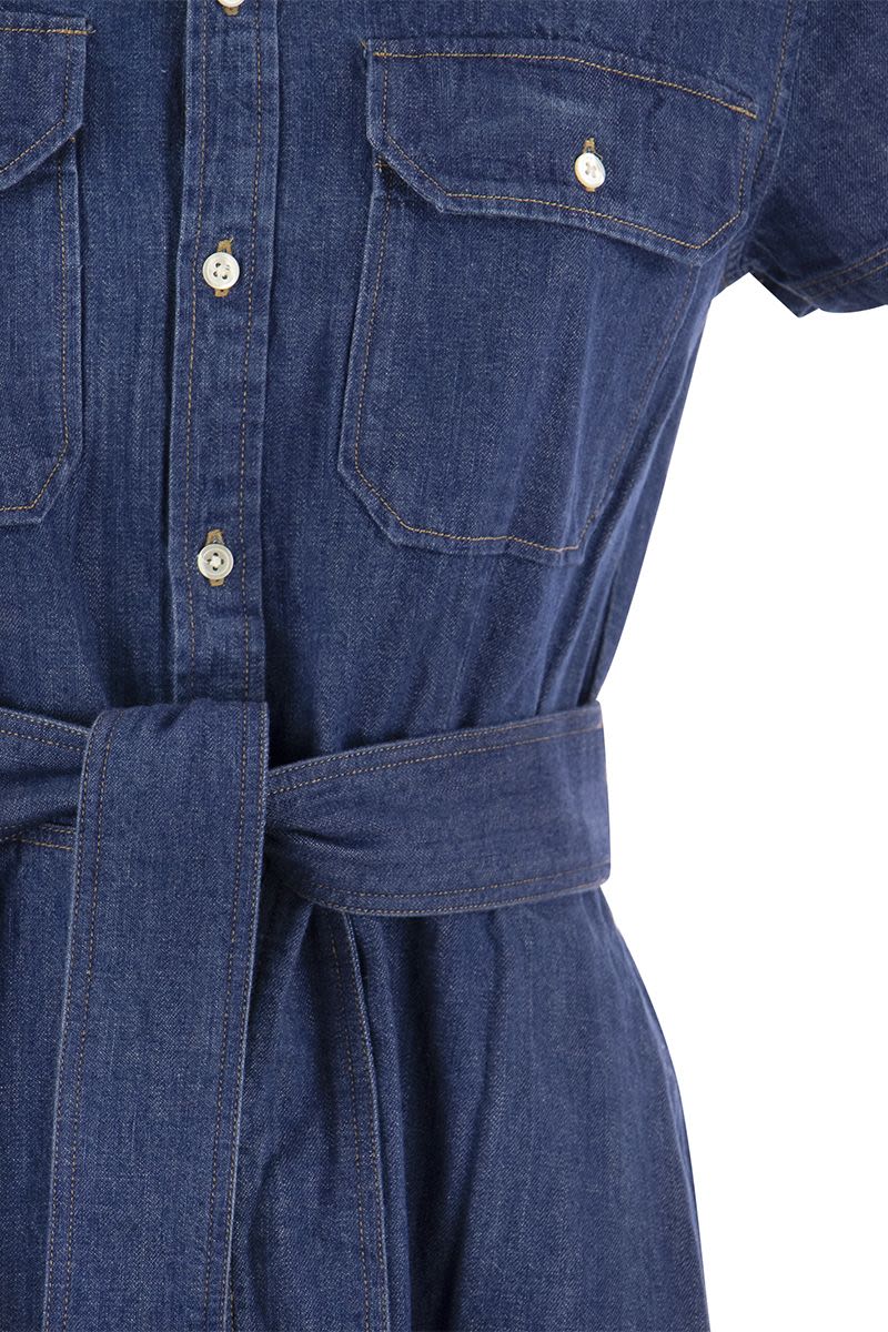 Flounced denim chemisier with belt - VOGUERINI