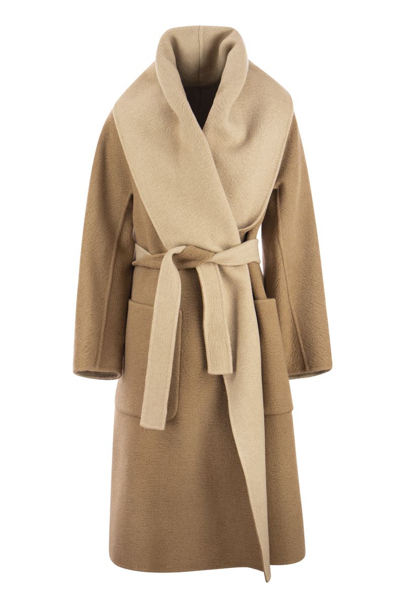 SENNA - Reversible camel coat with scarf collar - VOGUERINI