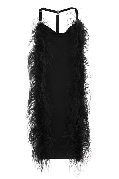 USSITA - Shiny jersey dress with feather boa - VOGUERINI