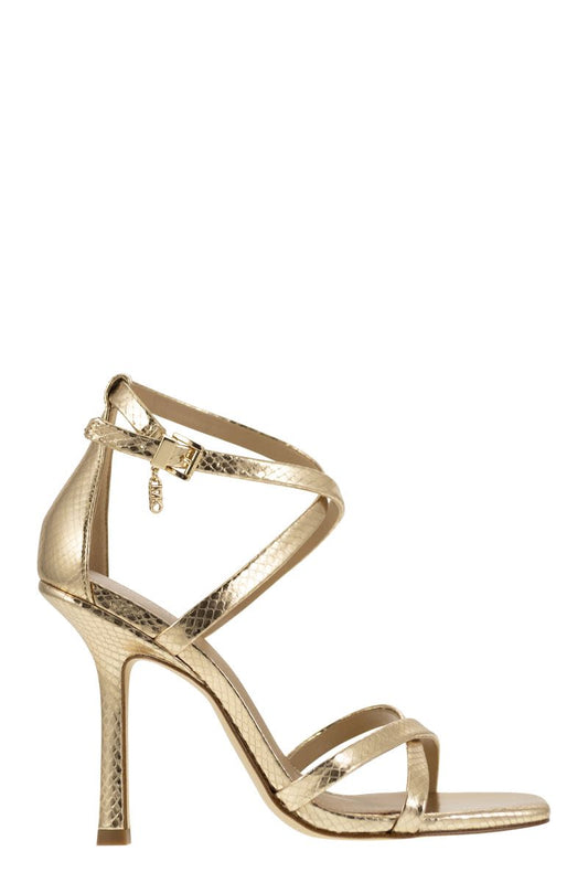 Celia sandal in metallic snake print leather