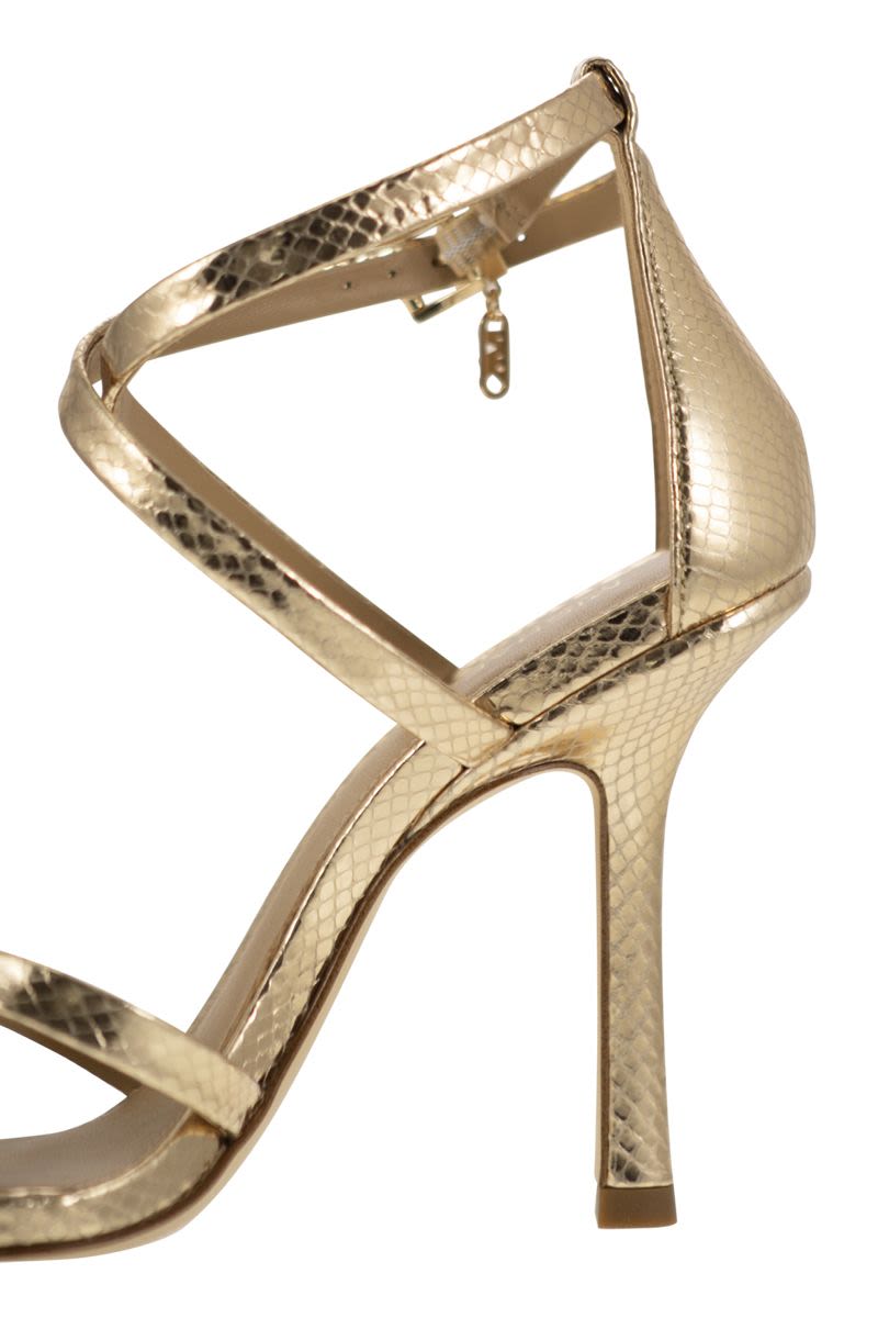 Celia sandal in metallic snake print leather