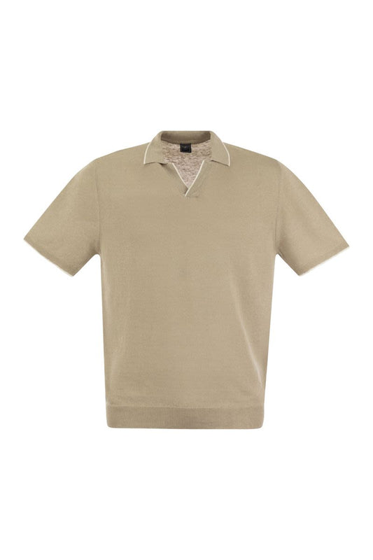 Polo shirt with open collar in linen and cotton