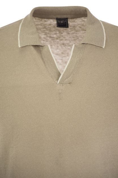 Polo shirt with open collar in linen and cotton