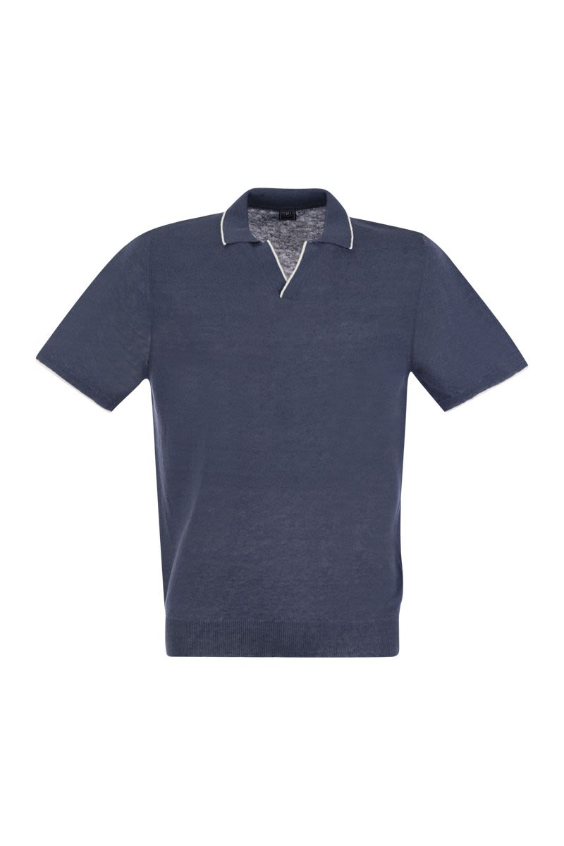 Polo shirt with open collar in linen and cotton