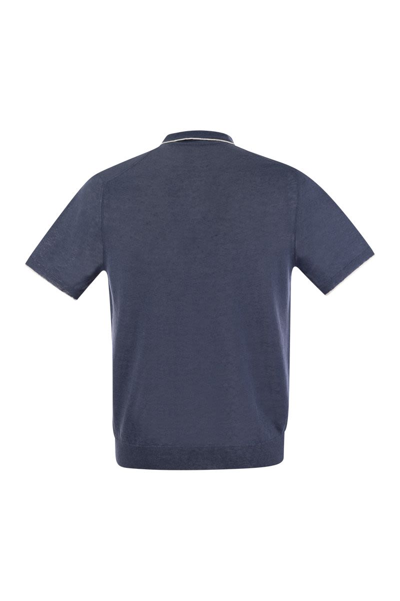 Polo shirt with open collar in linen and cotton