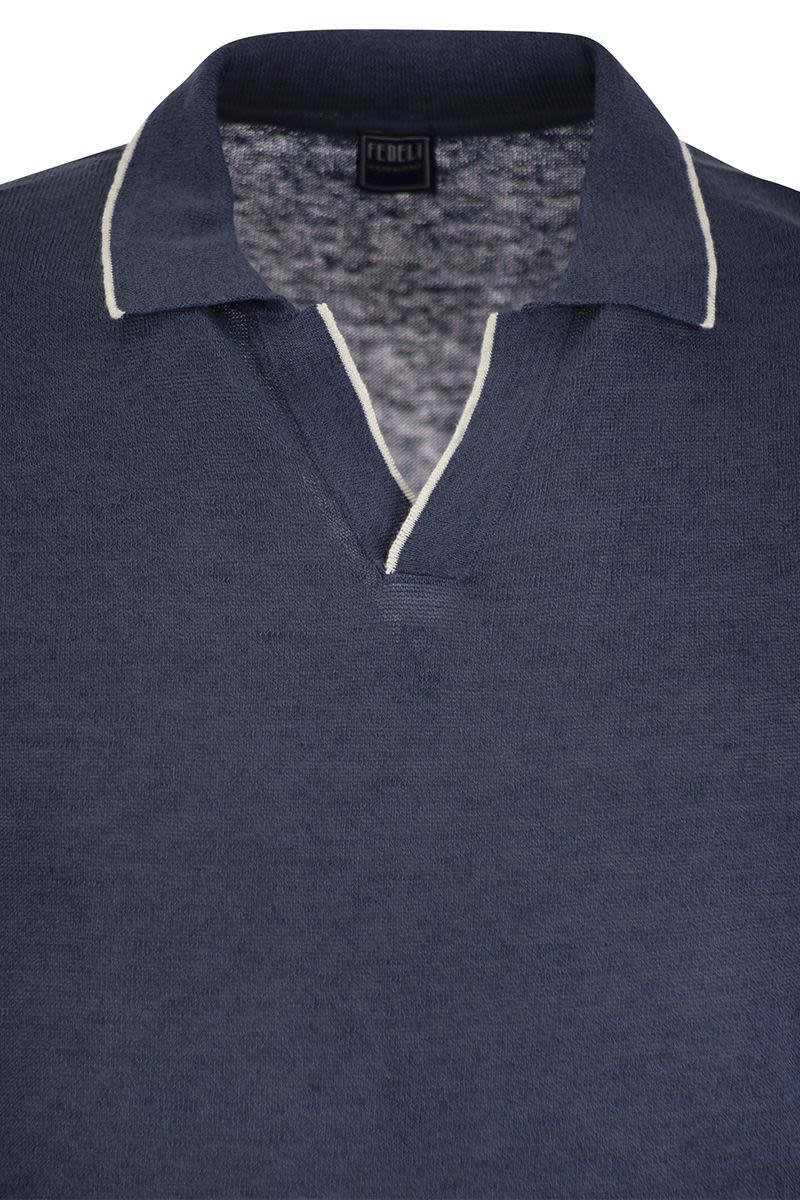 Polo shirt with open collar in linen and cotton