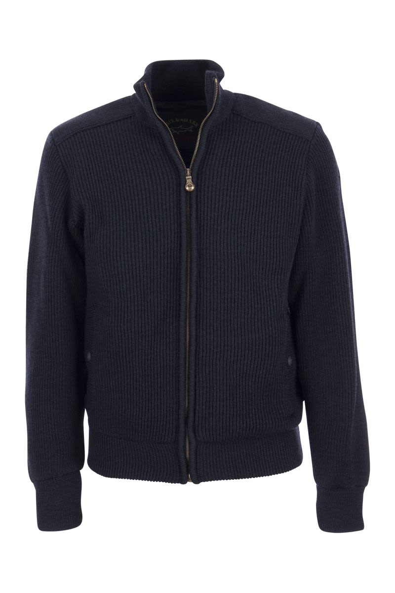 Wool cardigan with zip and iconic badge - VOGUERINI