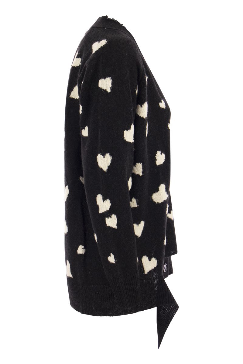 Long wool cardigan with Bunch of Hearts motif - VOGUERINI