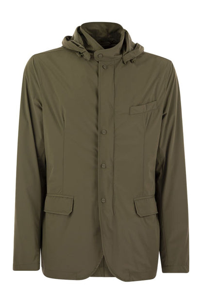 Technical fabric jacket with hood