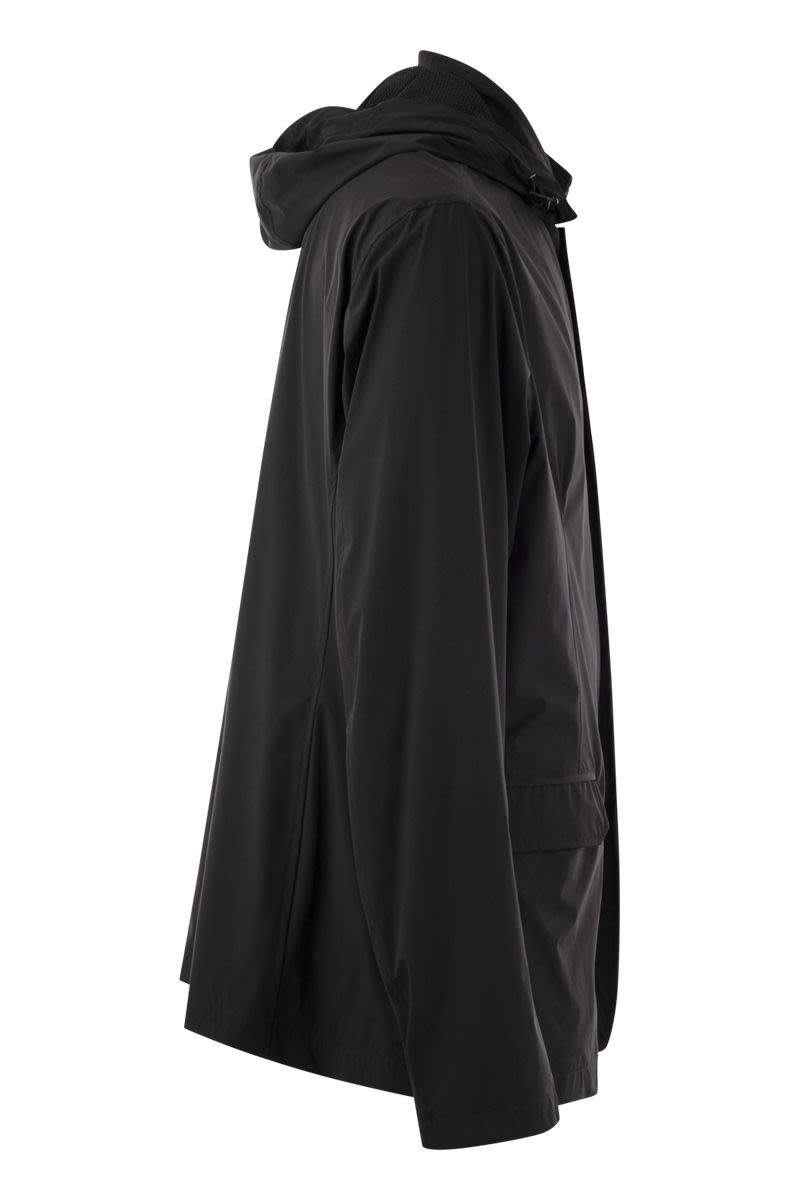 Technical fabric jacket with hood