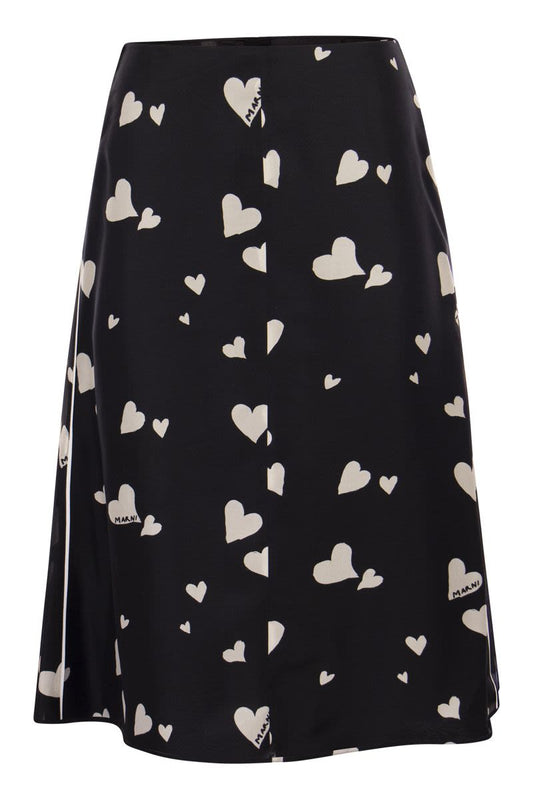 Bunch of Hearts print silk flared skirt - VOGUERINI