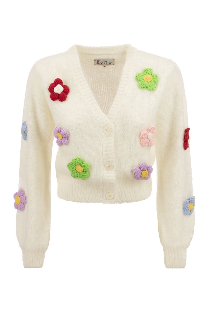 Brushed knit crop cardigan with flowers - VOGUERINI