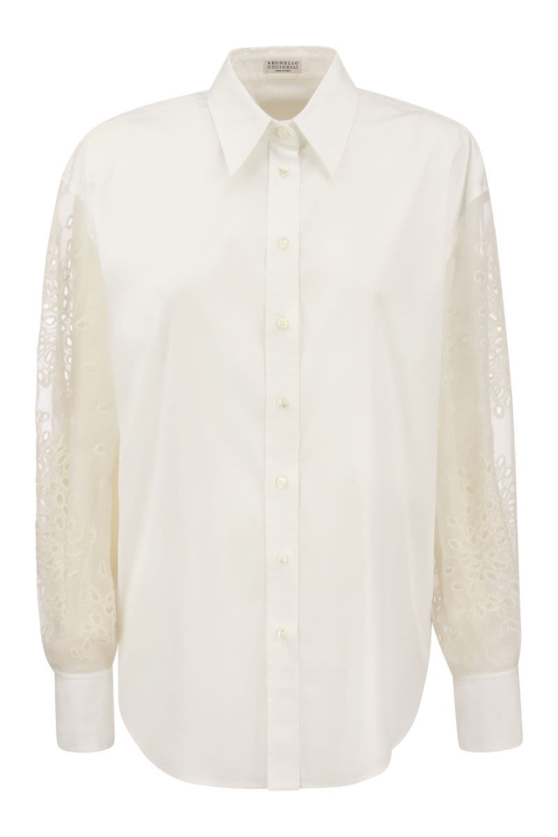 Stretch cotton poplin shirt with Crispy silk Broderie Anglaise sleeve - VOGUERINI