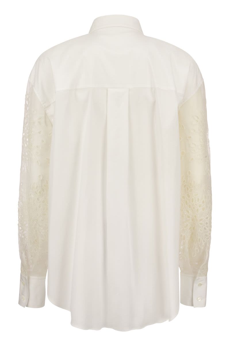 Stretch cotton poplin shirt with Crispy silk Broderie Anglaise sleeve - VOGUERINI