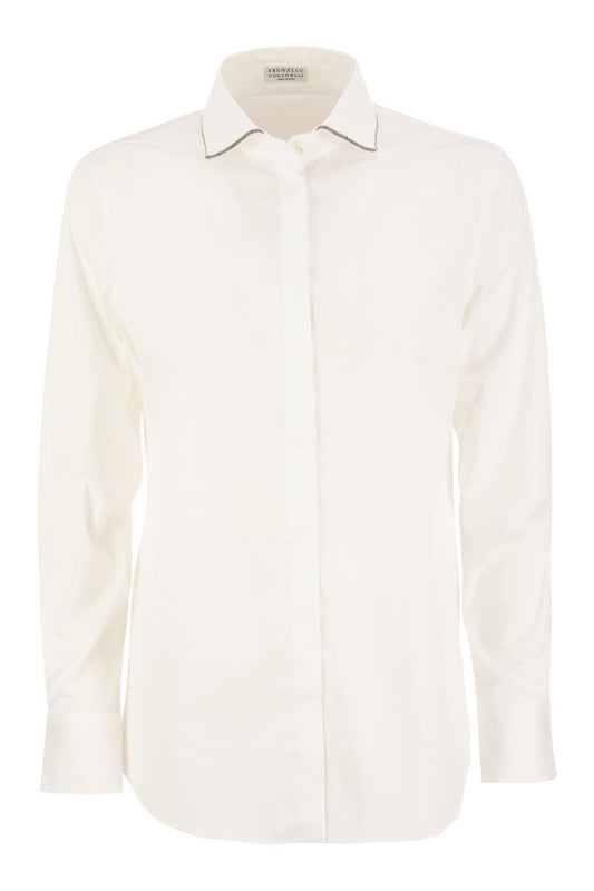 Stretch cotton poplin shirt with 'Shiny Collar Trim' - VOGUERINI