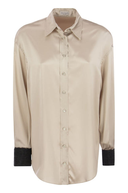 Stretch Silk Satin Shirt with Precious Contrast Cuffs - VOGUERINI