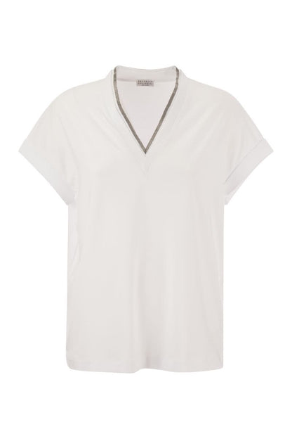 Stretch cotton jersey T-shirt with precious neckline - VOGUERINI