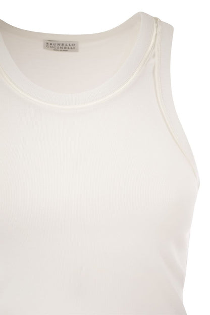 Stretch cotton rib jersey top with Satin Trims - VOGUERINI