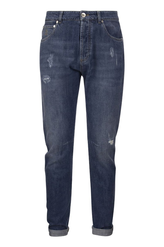 Five-pocket leisure fit trousers in Old denim with rips - VOGUERINI