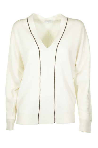 White V-neck Sweater Cashmere sweater with monili - VOGUERINI